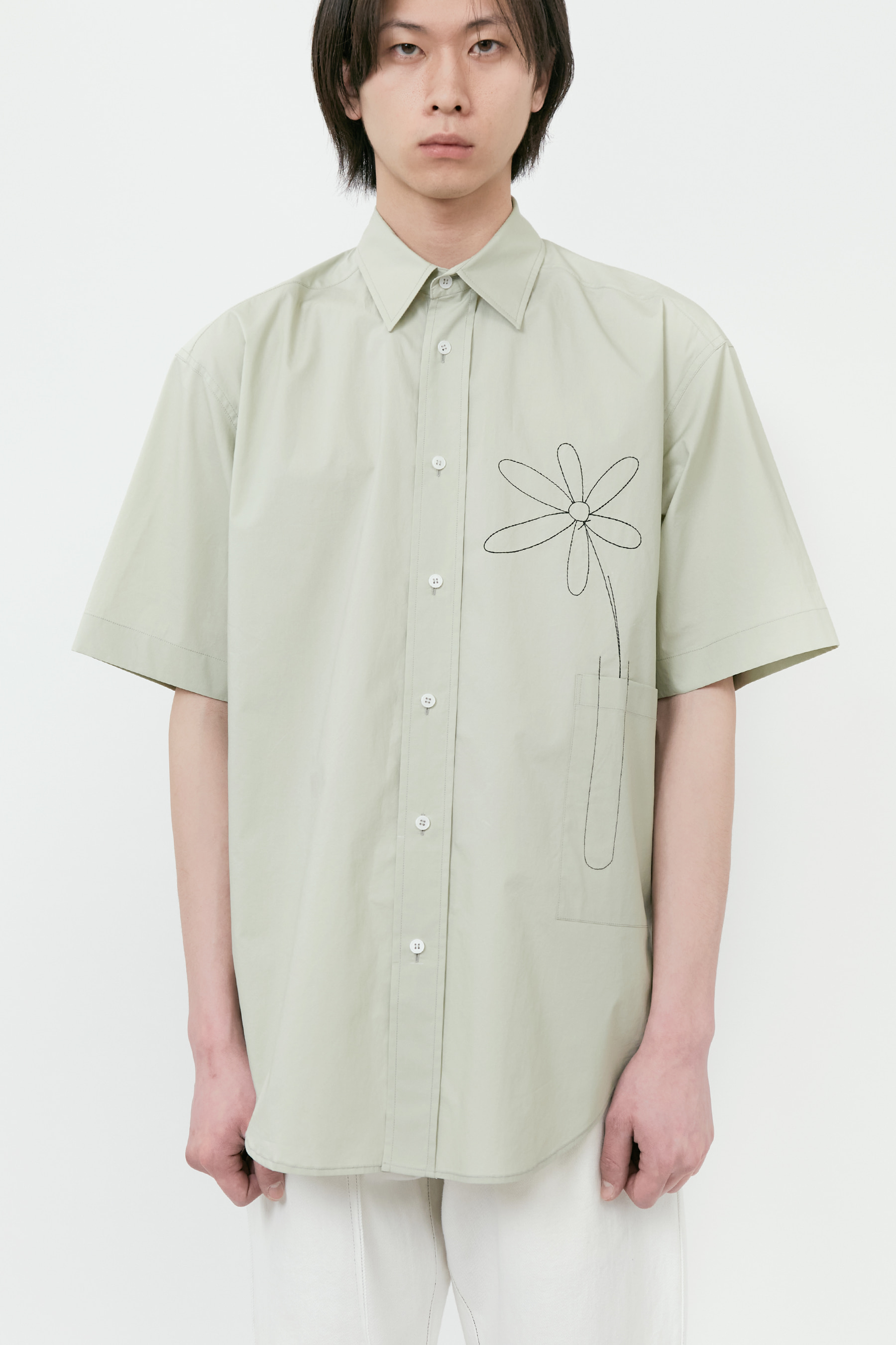 OLIVE FLOWER EMBROIDERY HALF SLEEVE SHIRTS