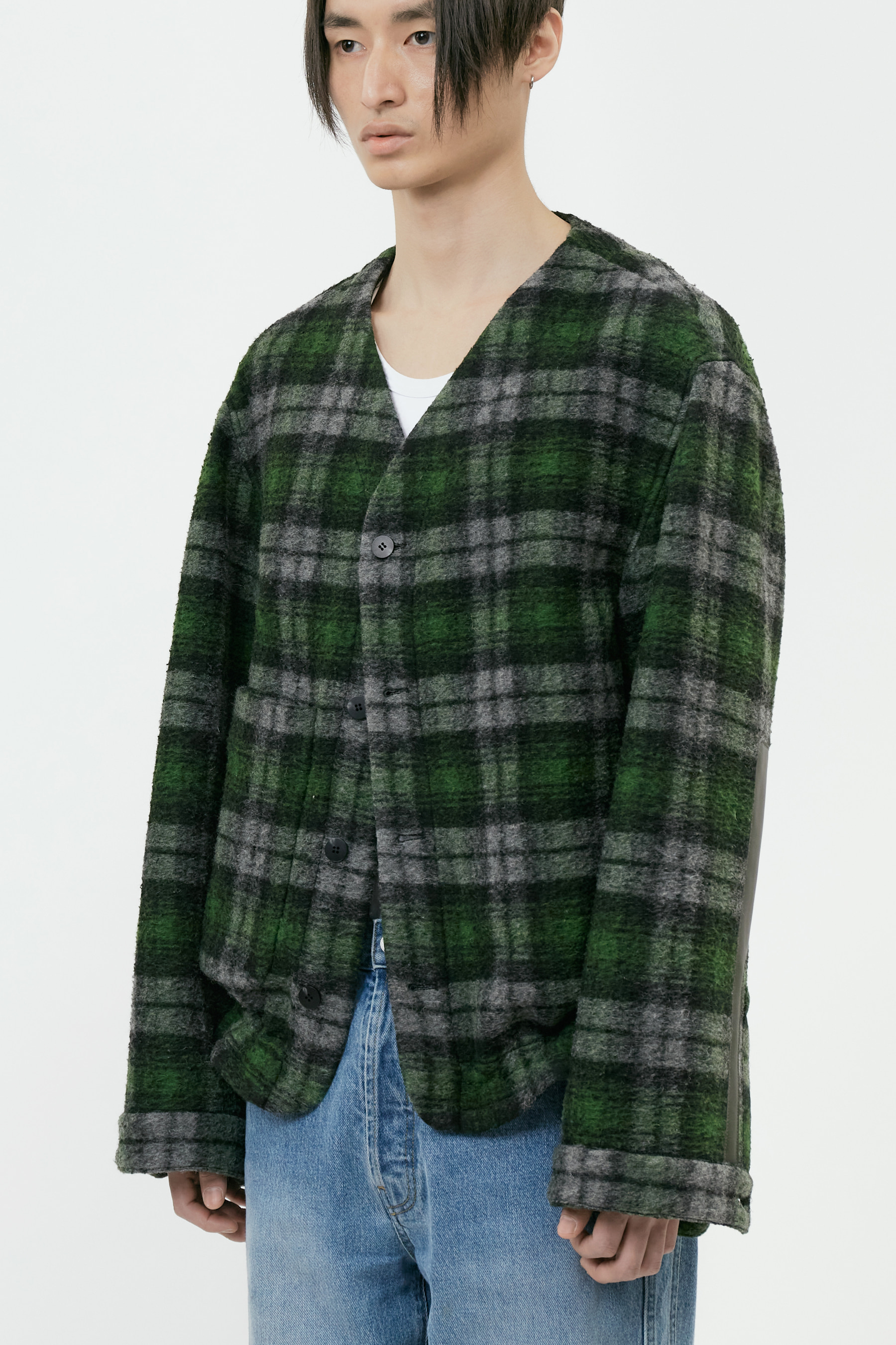 GREEN CHECK ELBOW PATCH COLLARLESS JACKET 01