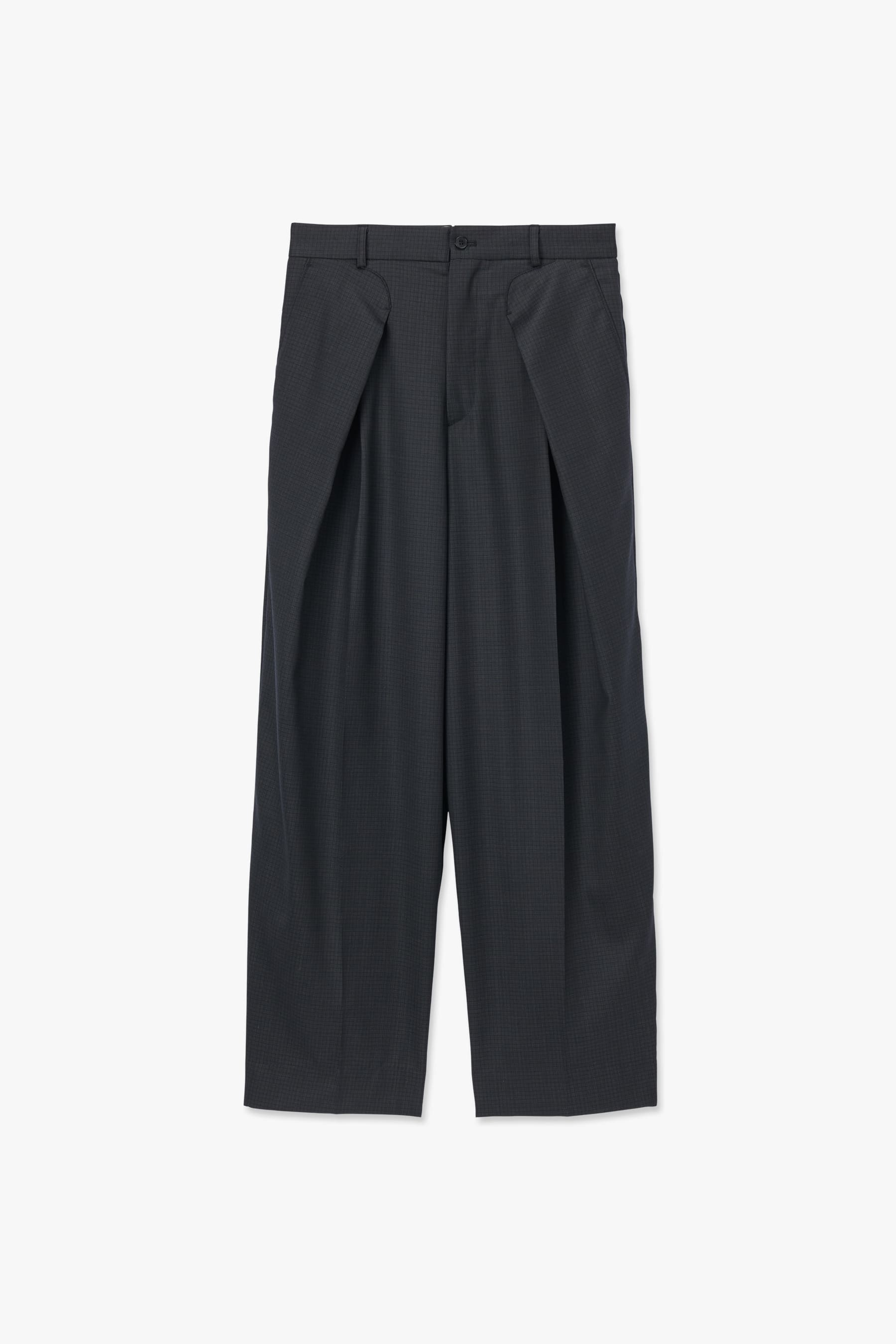 WOOL BLACK CHECK OVERLAP TWO TUCK WIDE PANTS