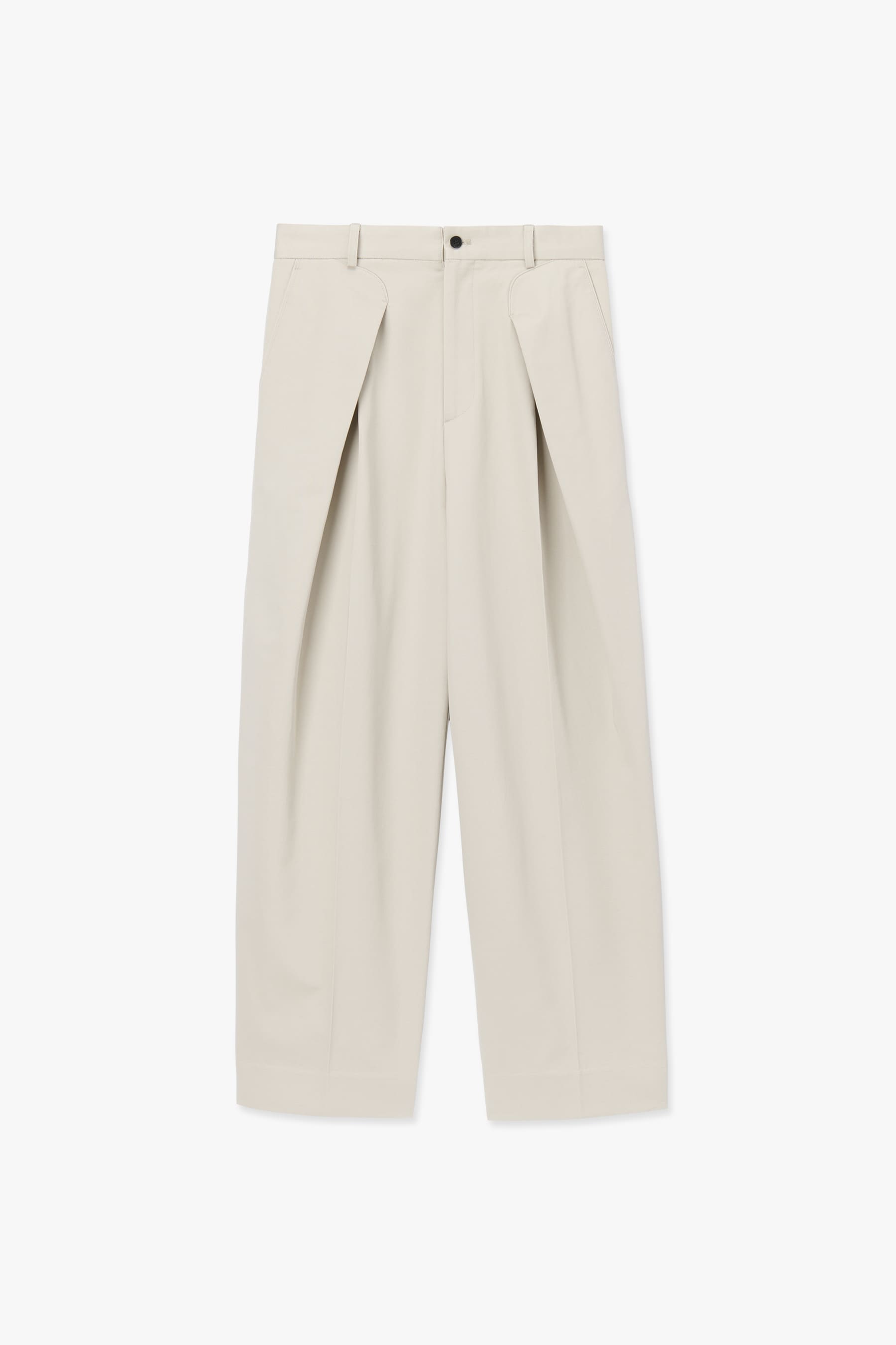 COTTON LIGHT GREY OVERLAP TWO TUCK WIDE PANTS