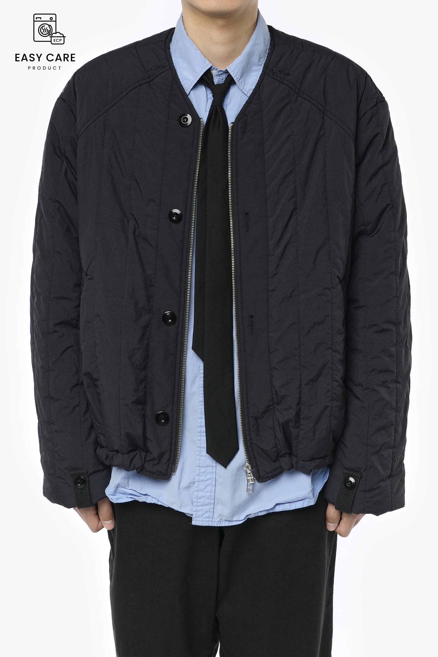 BLACK WASHED QUILTED CARDIGAN (ECP GARMENT PROCESS ONLY MACHINE)