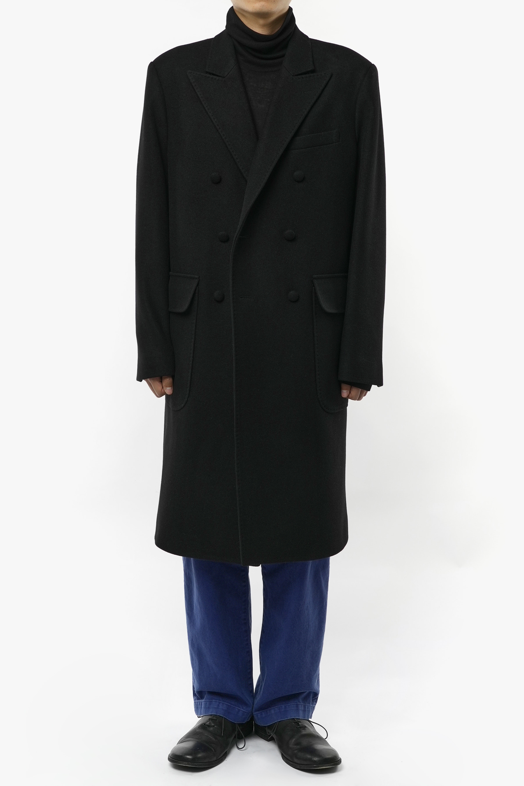 BLACK TIMELEAP MELTON WOOL DOUBLE BREASTED COAT
