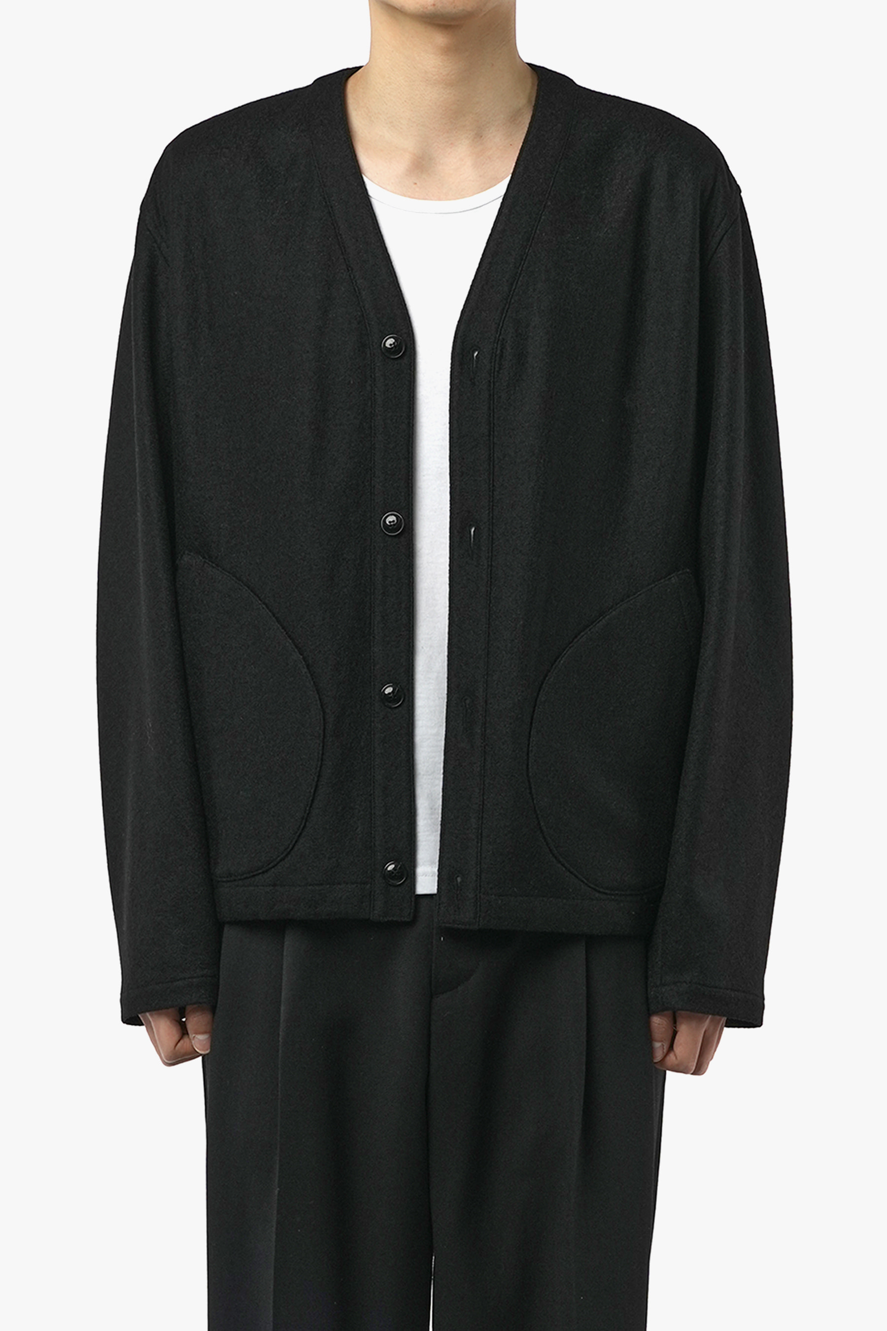 BLACK STRUCTURED MILLED WOOL CARDIGAN