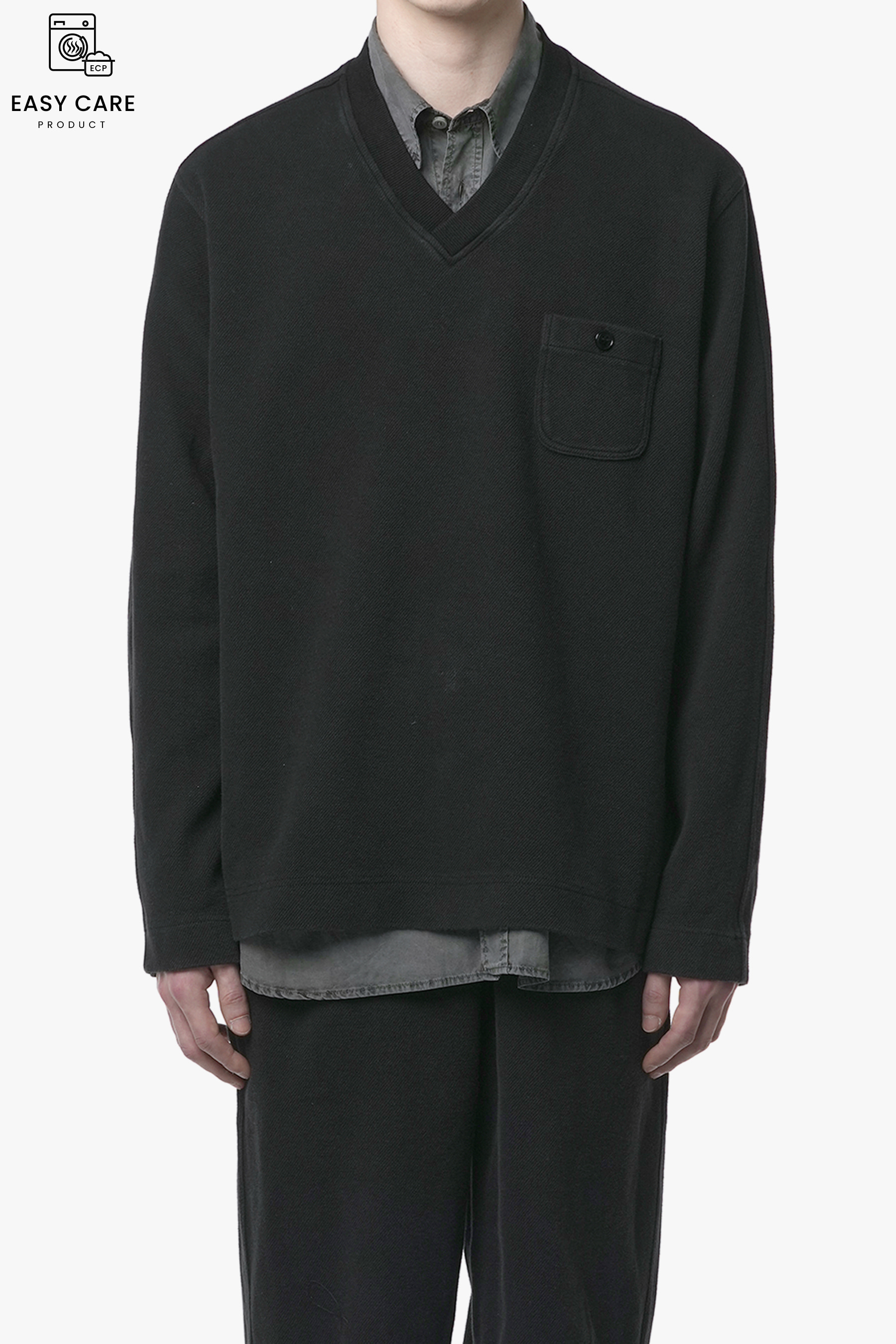 BLACK WASHED FRENCH TERRY COTTON DRILL V-NECK SWEAT (ECP GARMENT PROCESS)