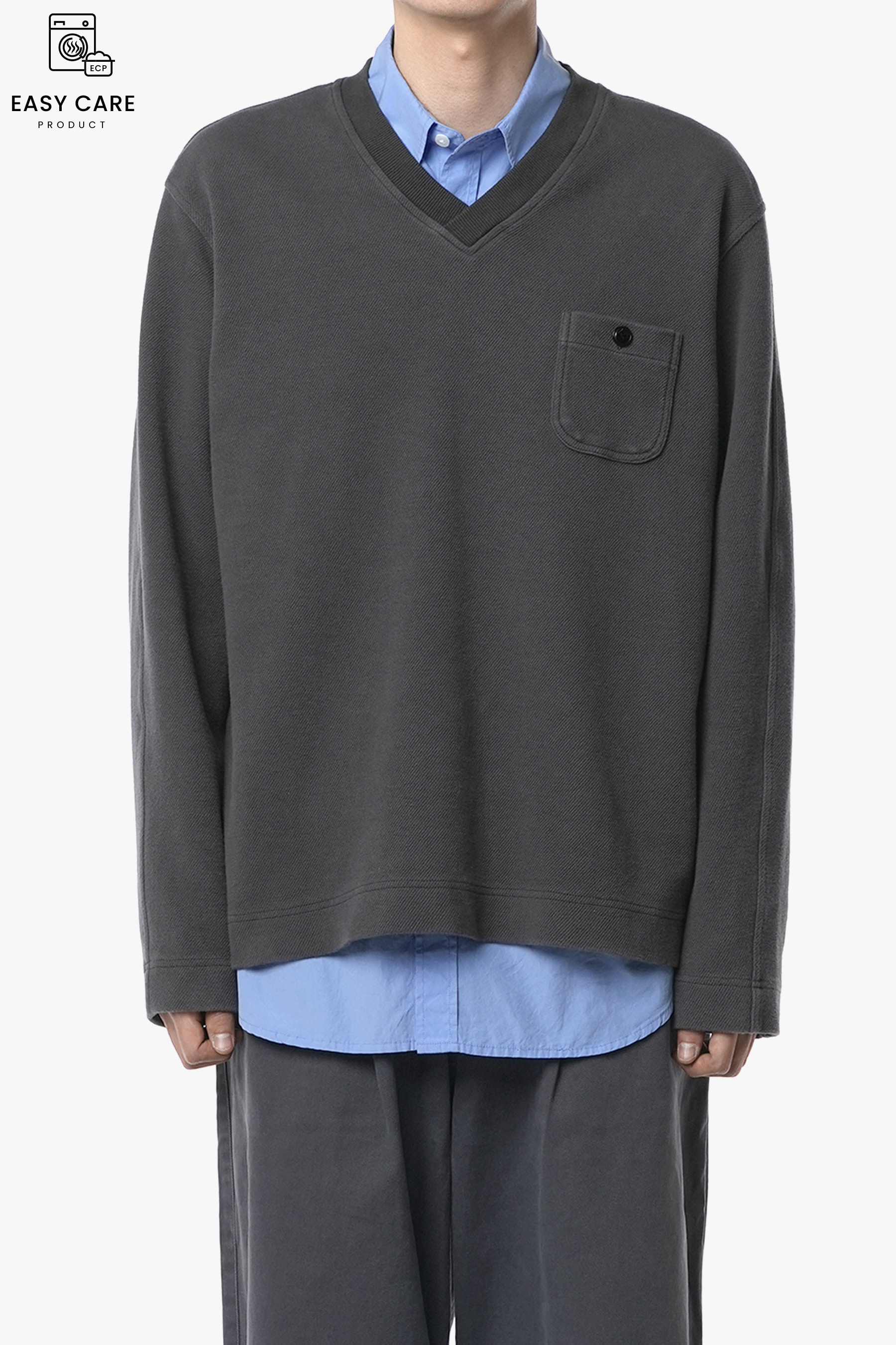 DARK GREY WASHED FRENCH TERRY COTTON DRILL V-NECK SWEAT (ECP GARMENT PROCESS)
